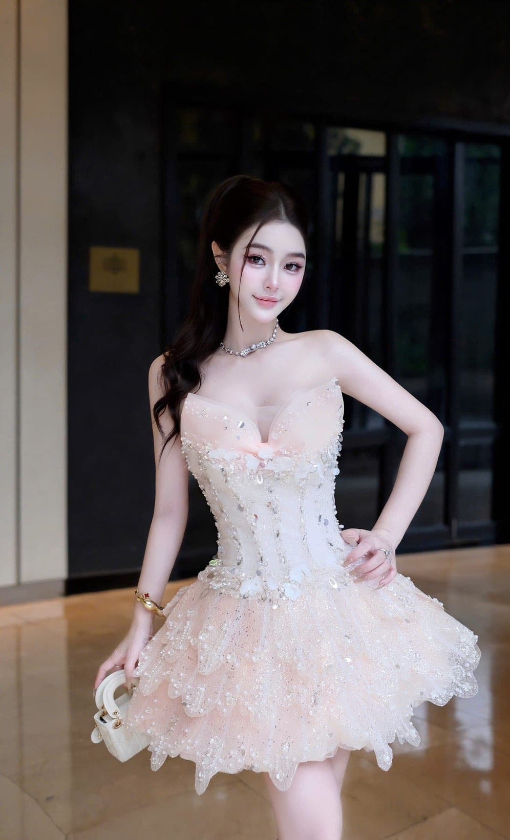 ชุดเดรส เกาะอก แต่งโบว์+กลิตเตอร์ สีชมพู