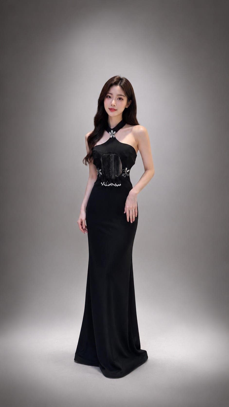 ชุดเดรส ราตรียาว คล้องคอ แต่งมุก สีดำ