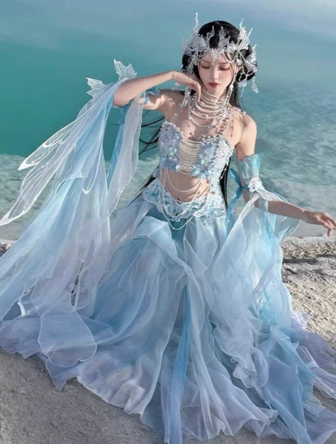 ชุดเซ็ท แต่งมุก แต่งระบาย สีฟ้า