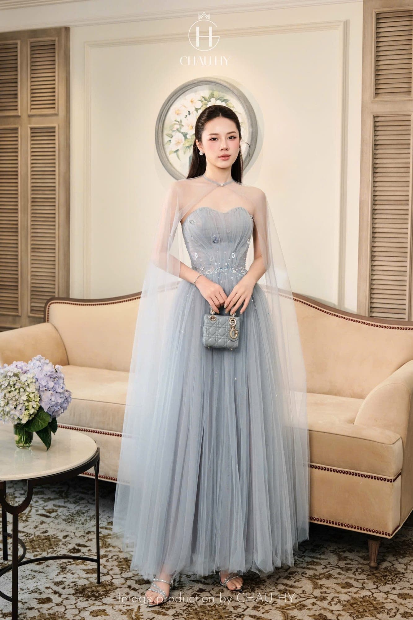 ชุดเดรส ราตรียาว เกาะอก + ผ้าคลุม สีฟ้าคราม สีครีม