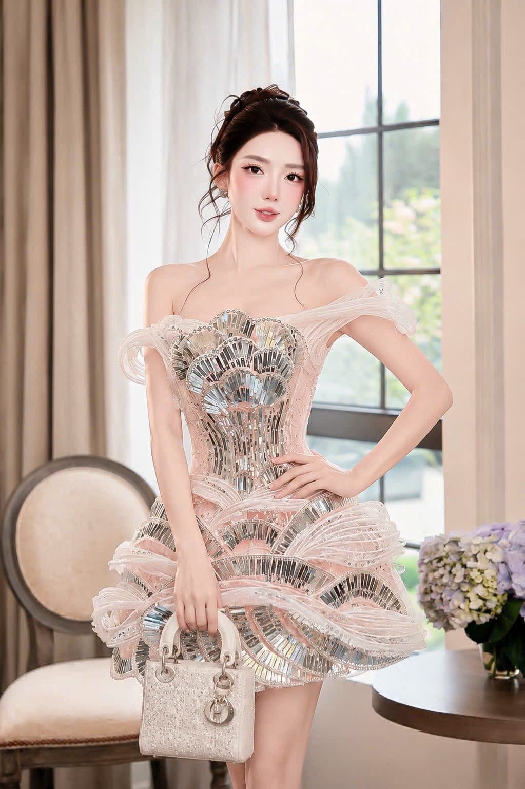 ชุดเดรส ปาดไหล่ แต่งเพชร สีชมพู