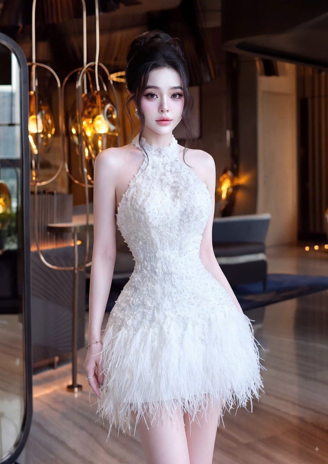 ชุดเดรส คล้องคอ แต่งกลิตเตอร์ สีขาว