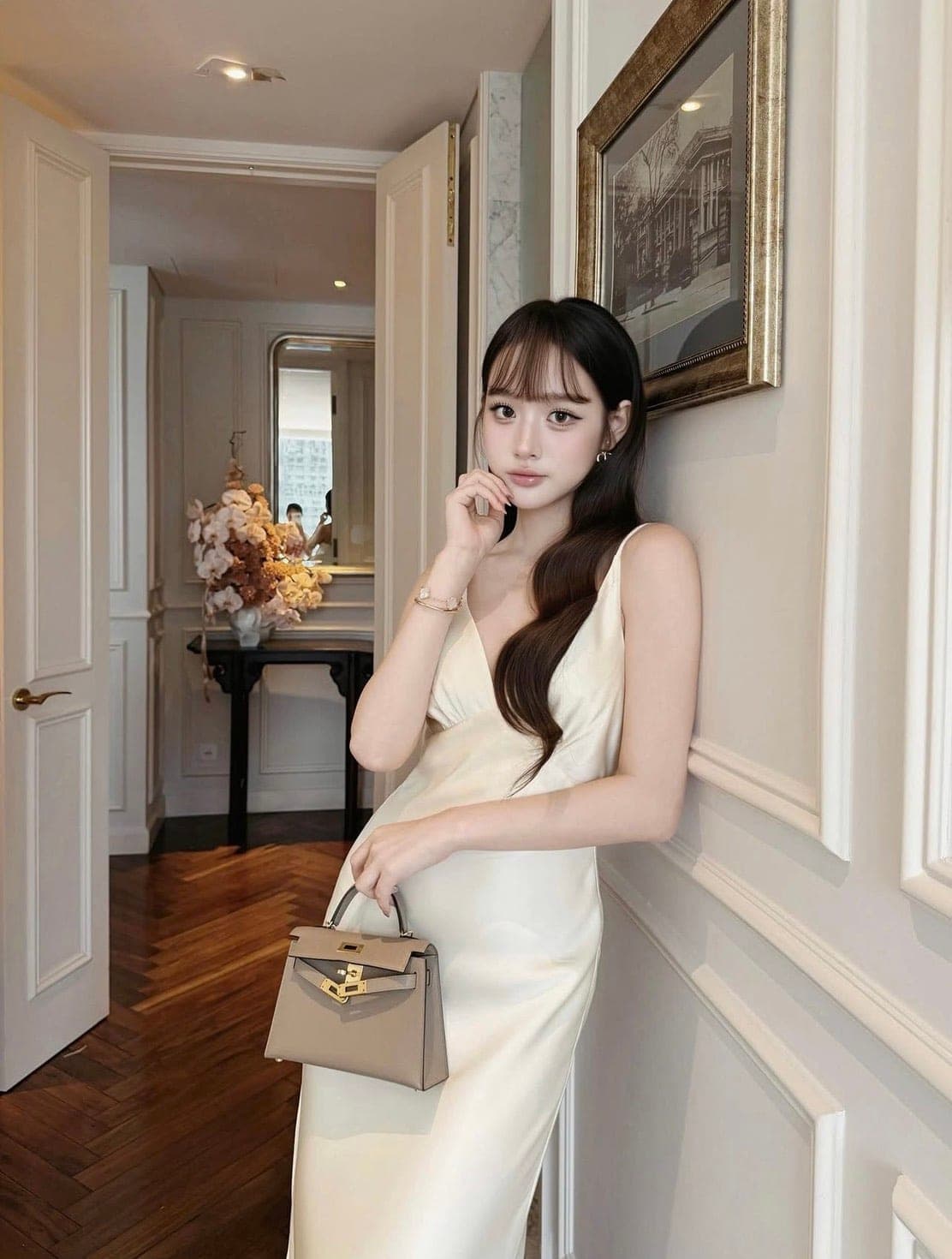 ชุดเดรส ยาว สายเดี่ยว สีครีม CHOUCHOU