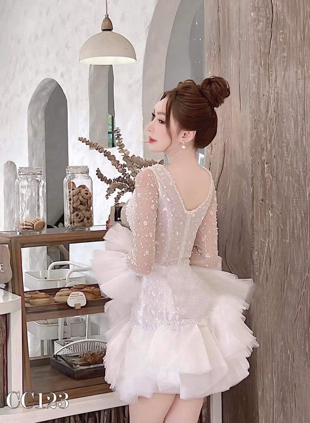 ชุดเดรส แต่งมุก แขนยาว สีขาว 2078 Size XXL BKK รูปที่ 4