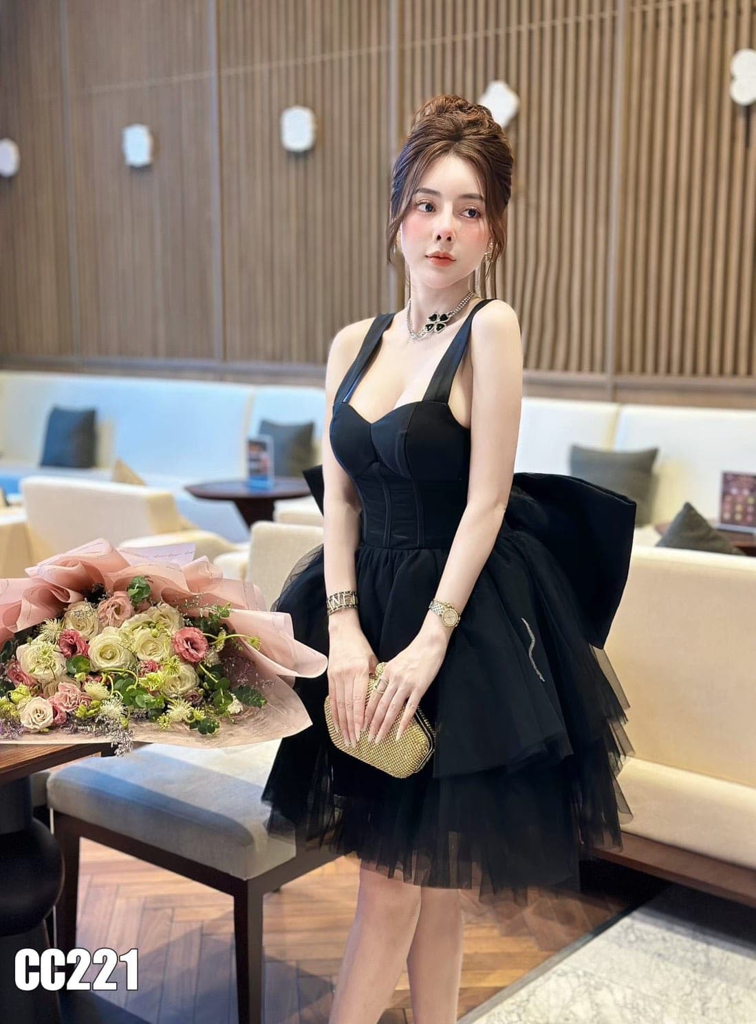 ชุดเดรส แต่งโบว์ ฟูฟ่อง สีดำ 2120 Size S BKK รูปที่ 1