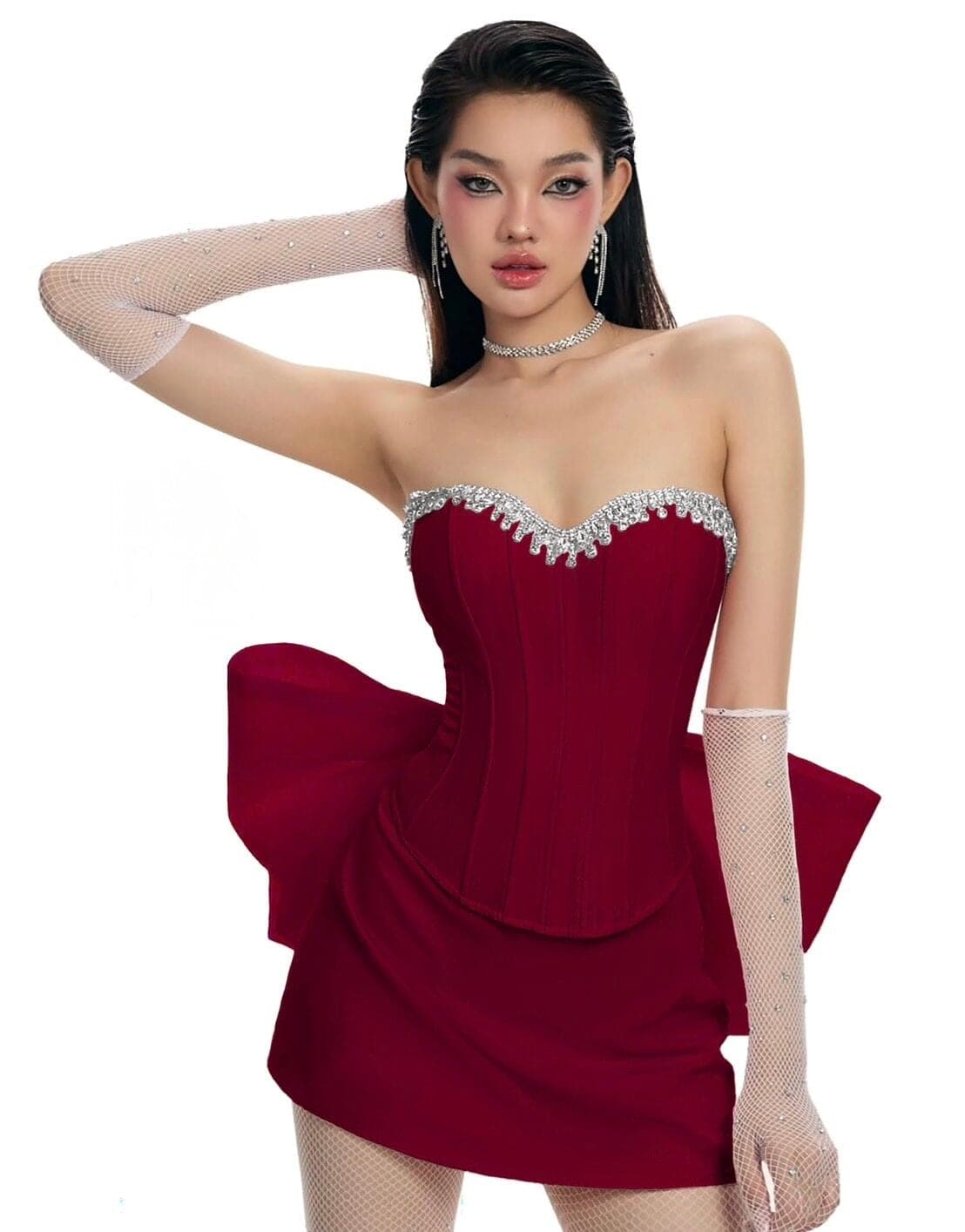 ชุดเซ็ท 3ชิ้น แต่งโบว์ แต่งเพชร สีแดง 4014 Size M BKK รูปที่ 1