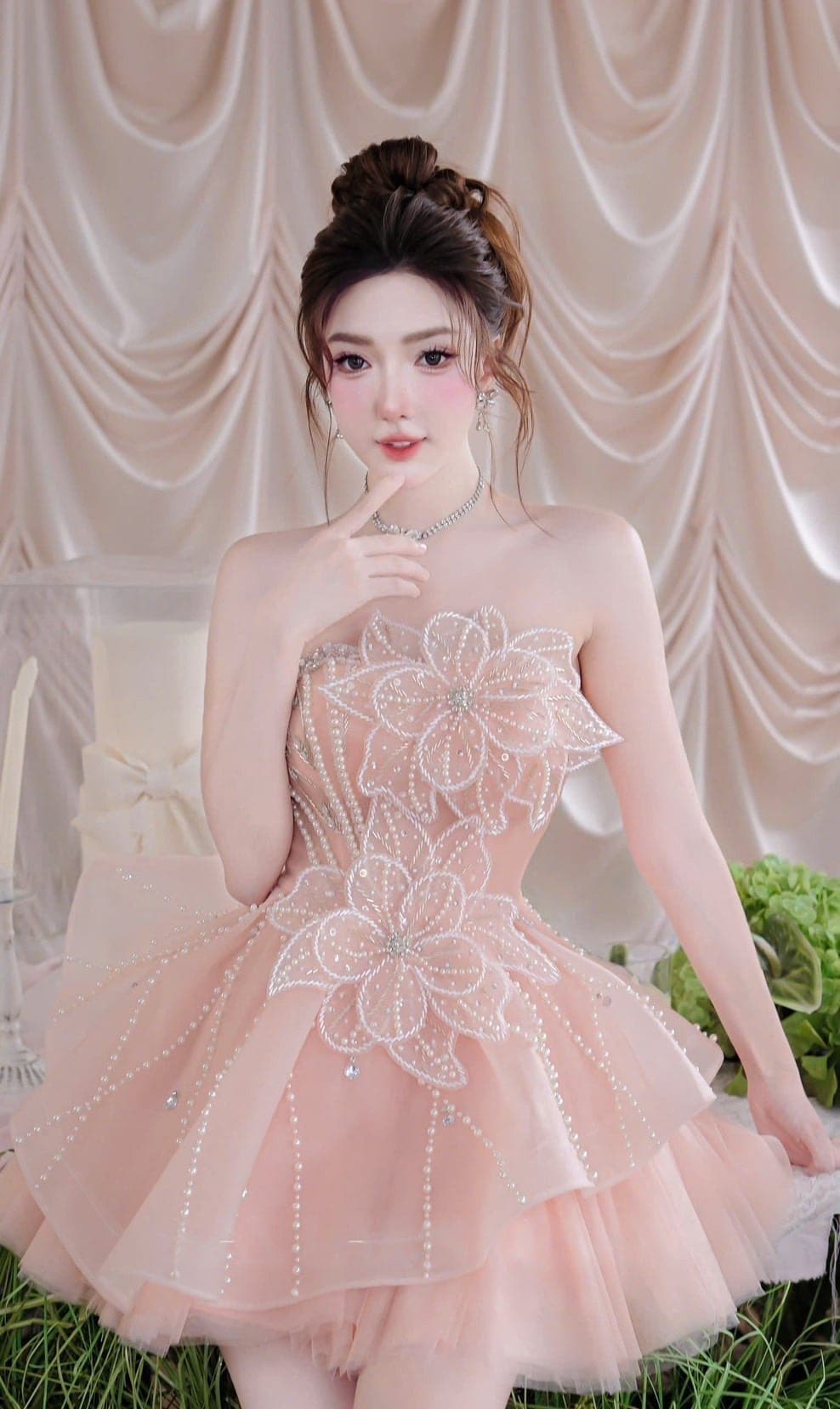 ชุดเดรส เกาะอก แต่งดอก+กลิตเตอร์ สีชมพู 2038 Size M BKK รูปที่ 3