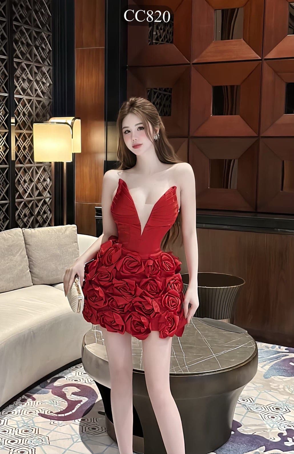 ชุดเดรส เกาะอก แต่งดอก สีแดง 2058 Size S BKK รูปที่ 1