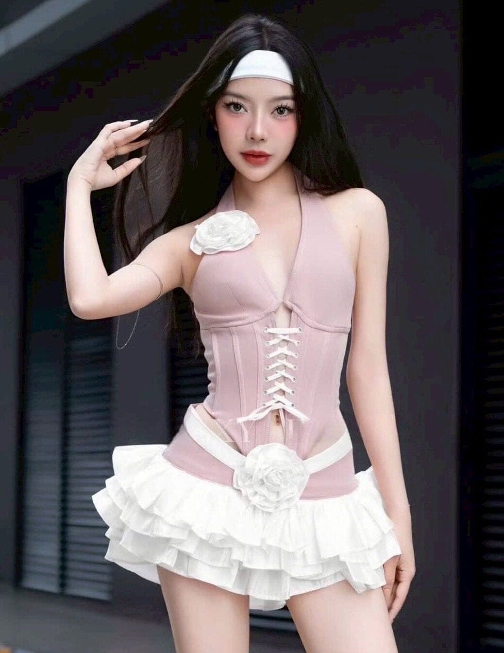 ชุดเซ็ท เสื้อ+กระโปรง แต่งดอก สีชมพู 4019 Size S-M BKK รูปที่ 5