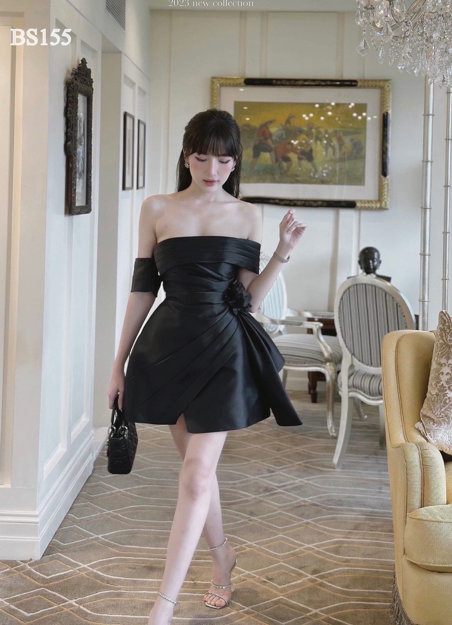 ชุดเดรส ปาดไหล่ แต่งดอก สีขาว สีดำ BASIC&LUXURY 2186 Size S BKK รูปที่ 4