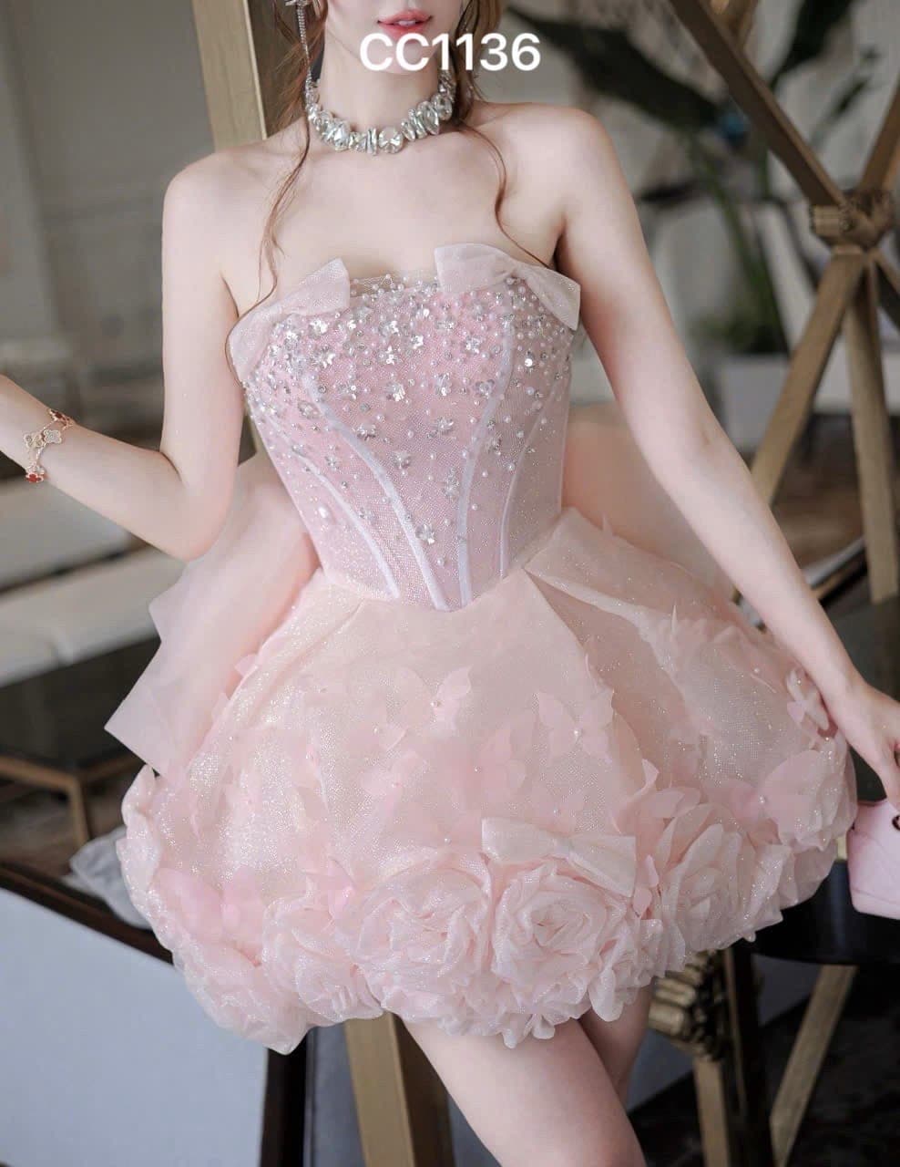 ชุดเดรส เกาะอก แต่งดอก+กลิตเตอร์ สีชมพู 2031 Size S BKK รูปที่ 2