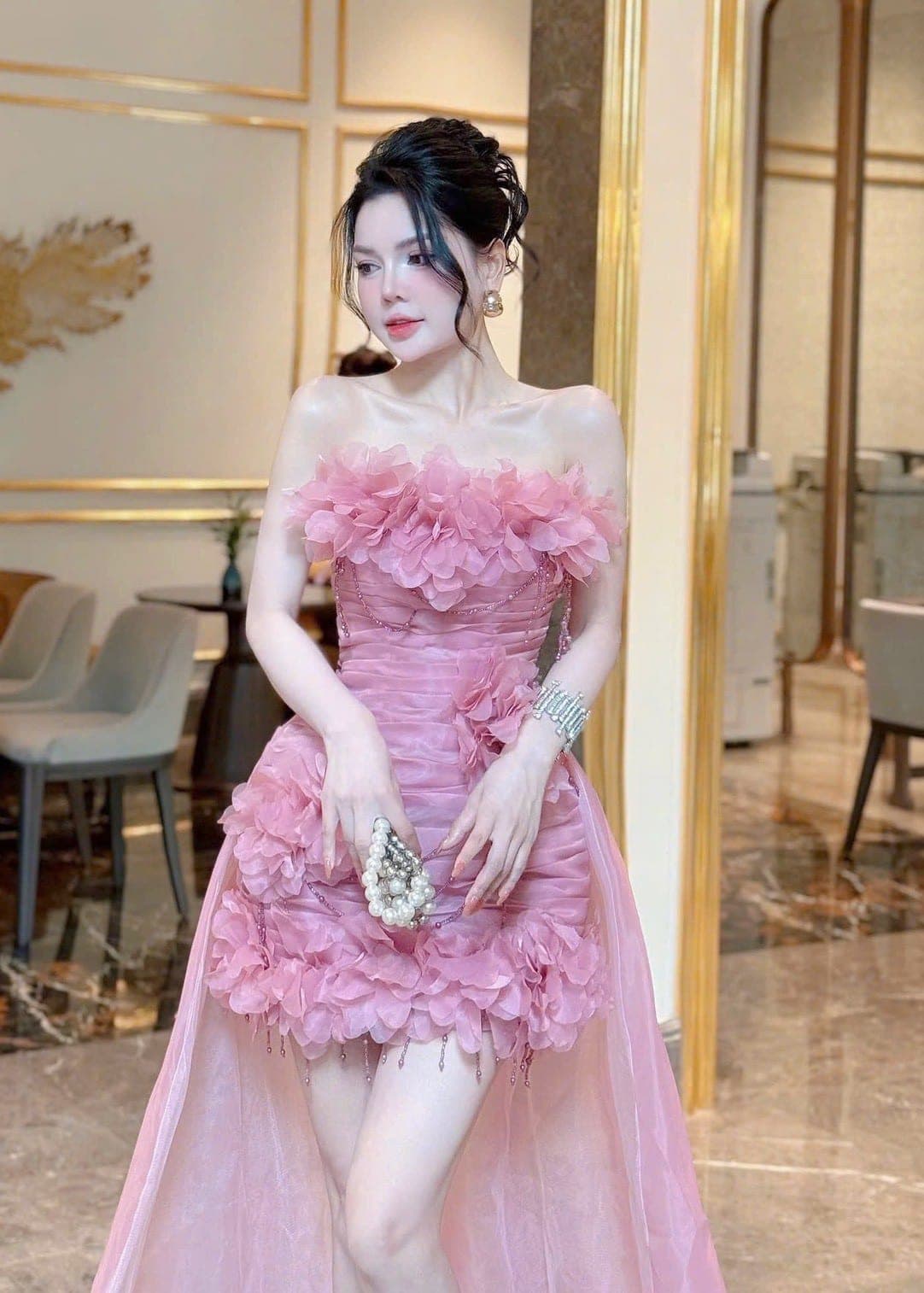 ชุดเดรส เกาะอก แต่งดอก สีชมพู แต่งหาง 2008 BKK Size M BKK รูปที่ 3