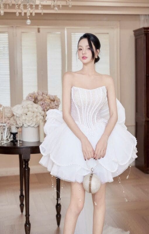 ชุดเดรส เกาะอก แต่งมุก+โบว์ สีขาว สีชมพู สีฟ้า BRAND HISO 2328BKK Size M รูปที่ 2