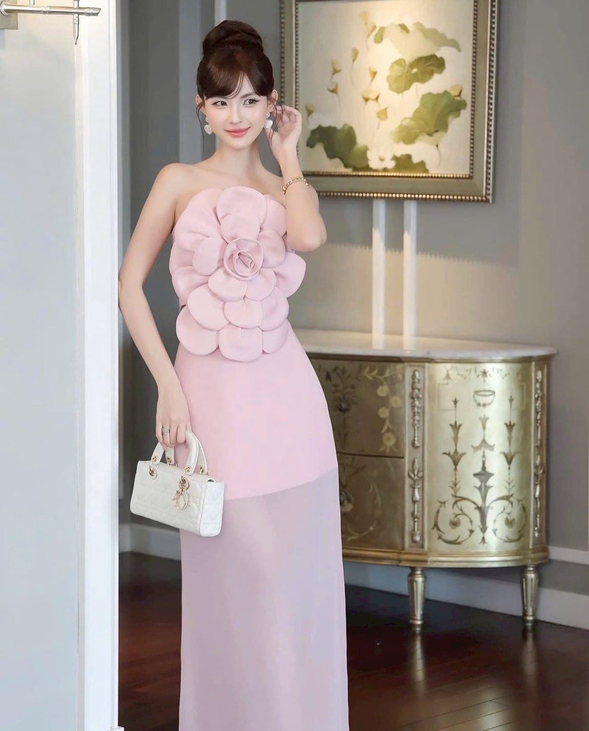 ชุดเซ็ท 2 ชิ้น เกาะอก สีชมพู ดอกกุหลาบ TRANALI 4021 SIZE S-M BKK รูปที่ 1