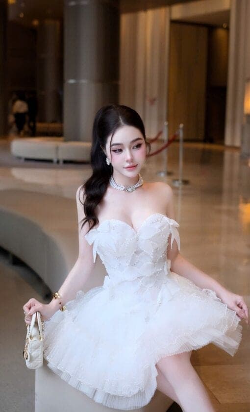 ชุดเดรส เกาะอก แต่งโบว์ สีขาว Brand HiSo 2224 Size S BKK รูปที่ 3