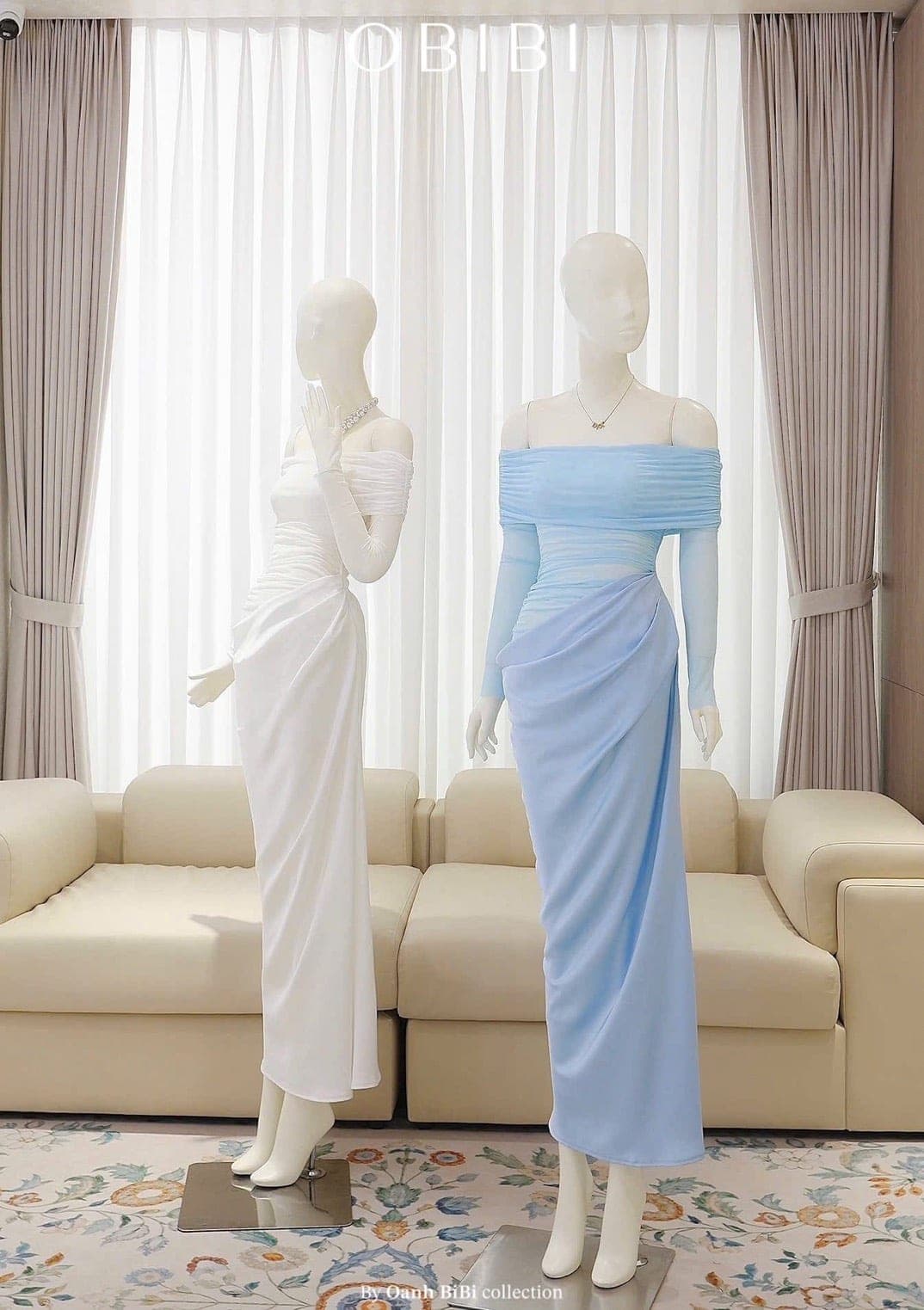ชุดเดรส ราตรียาว ปาดไหล่ สีฟ้า สีน้ำตาล BRAND OBIBI 3079 Size S-M BKK รูปที่ 6