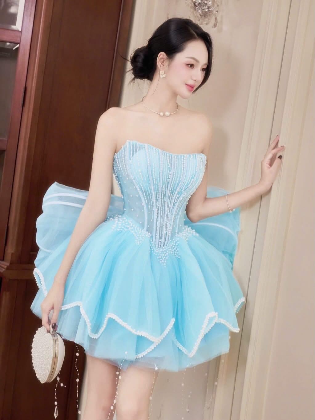 ชุดเดรส เกาะอก แต่งมุก+โบว์ สีฟ้า BRAND HISO 2370 BKK Size M รูปที่ 5