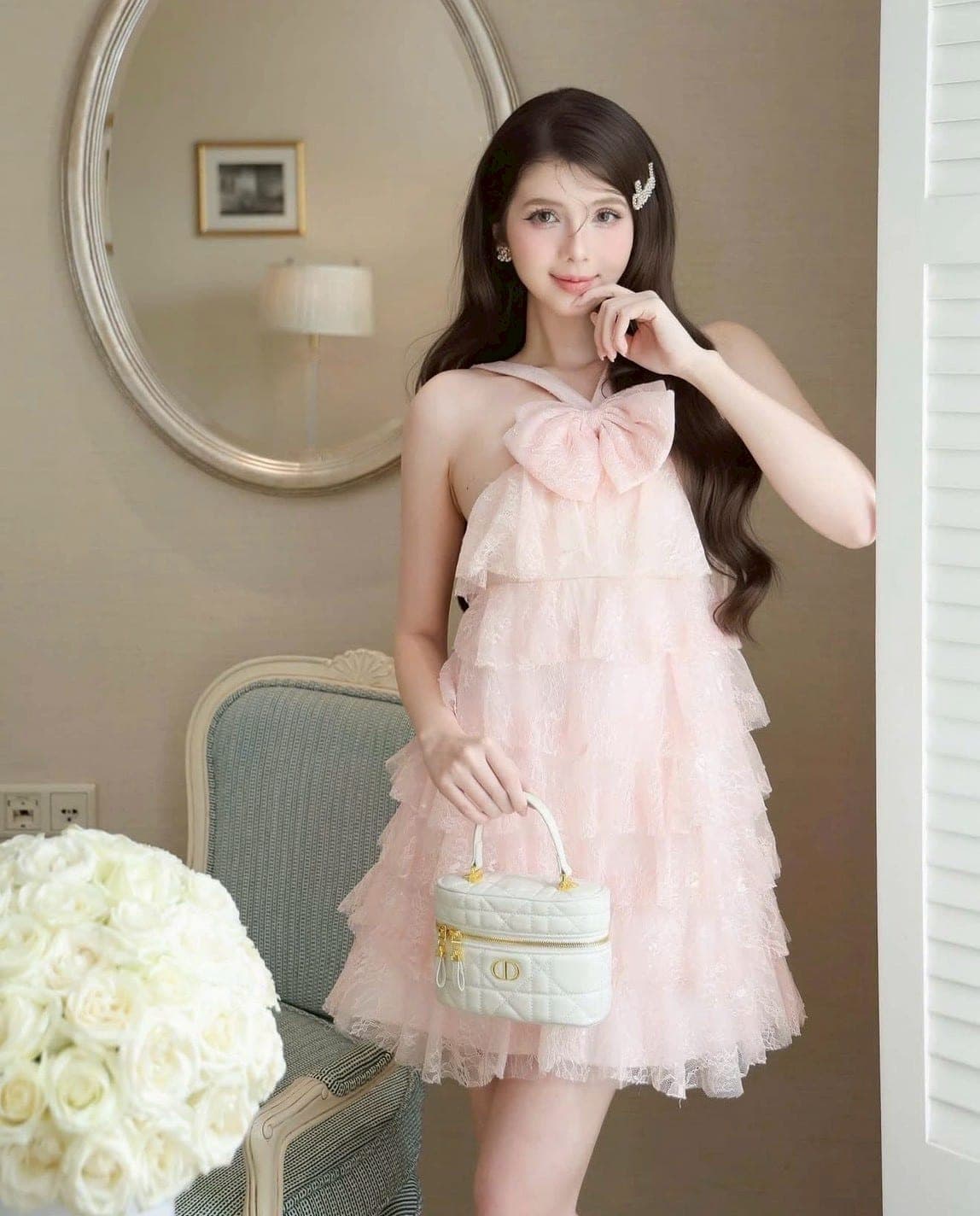 ชุดเดรส แต่งโบว์ สีชมพู TRANALI 2208 SIZE S-M BKK รูปที่ 4
