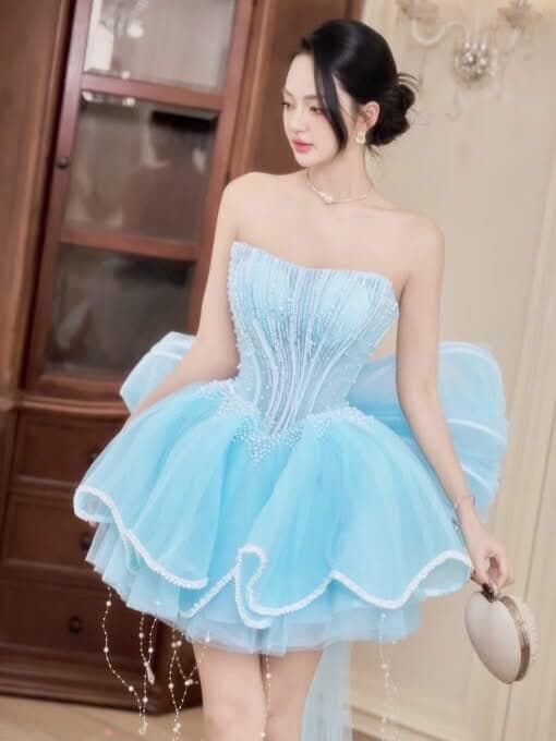 ชุดเดรส เกาะอก แต่งมุก+โบว์ สีฟ้า BRAND HISO 2370 BKK Size M