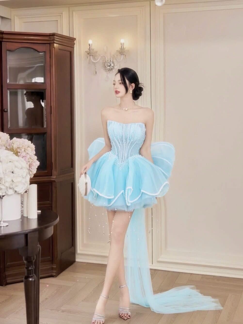 ชุดเดรส เกาะอก แต่งมุก+โบว์ สีฟ้า BRAND HISO 2370 BKK Size M รูปที่ 3