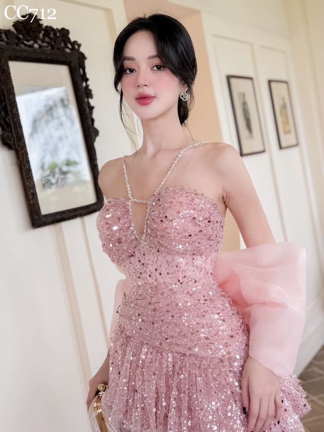 ชุดเดรส เกาะอก แต่งกลิตเตอร์+โบว์ สีชมพู 2051 Size S BKK รูปที่ 2