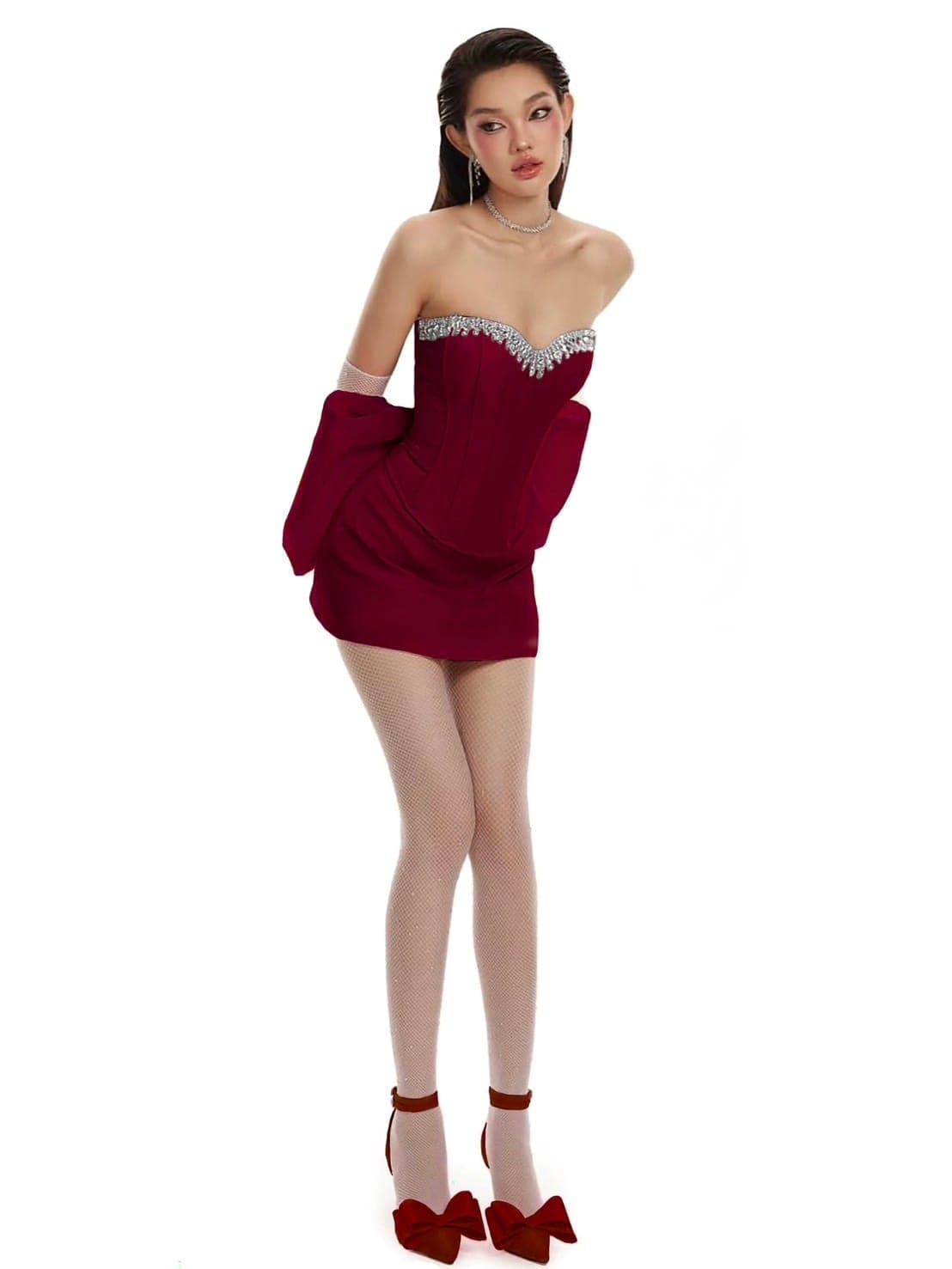 ชุดเซ็ท 3ชิ้น แต่งโบว์ แต่งเพชร สีแดง 4014 Size M BKK รูปที่ 2