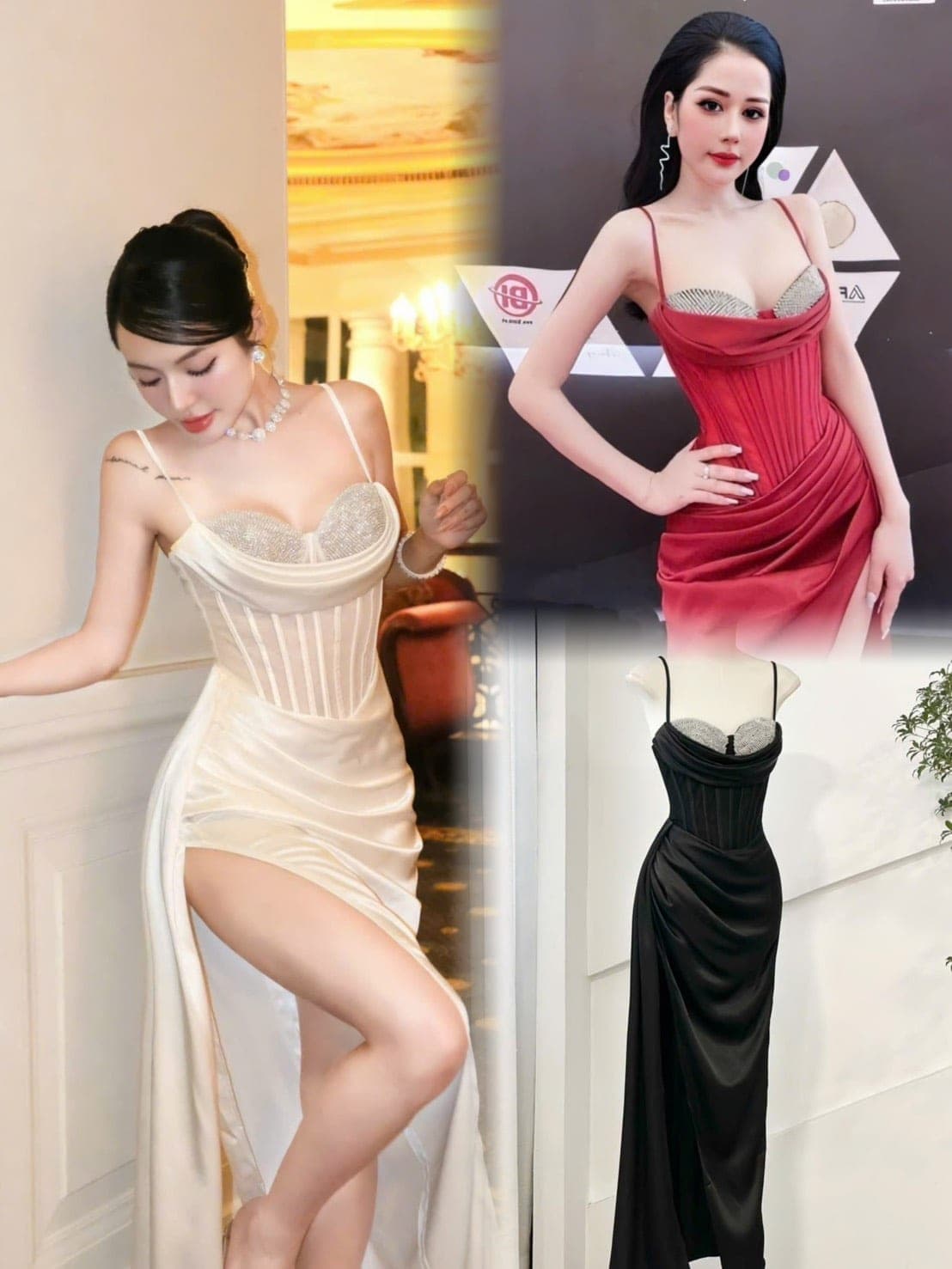 ชุดเดรส ราตรียาว สายเดี่ยว เพรช สีขาว สีแดง สีดำ BRAND OBIBI 3085 Size S-M BKK