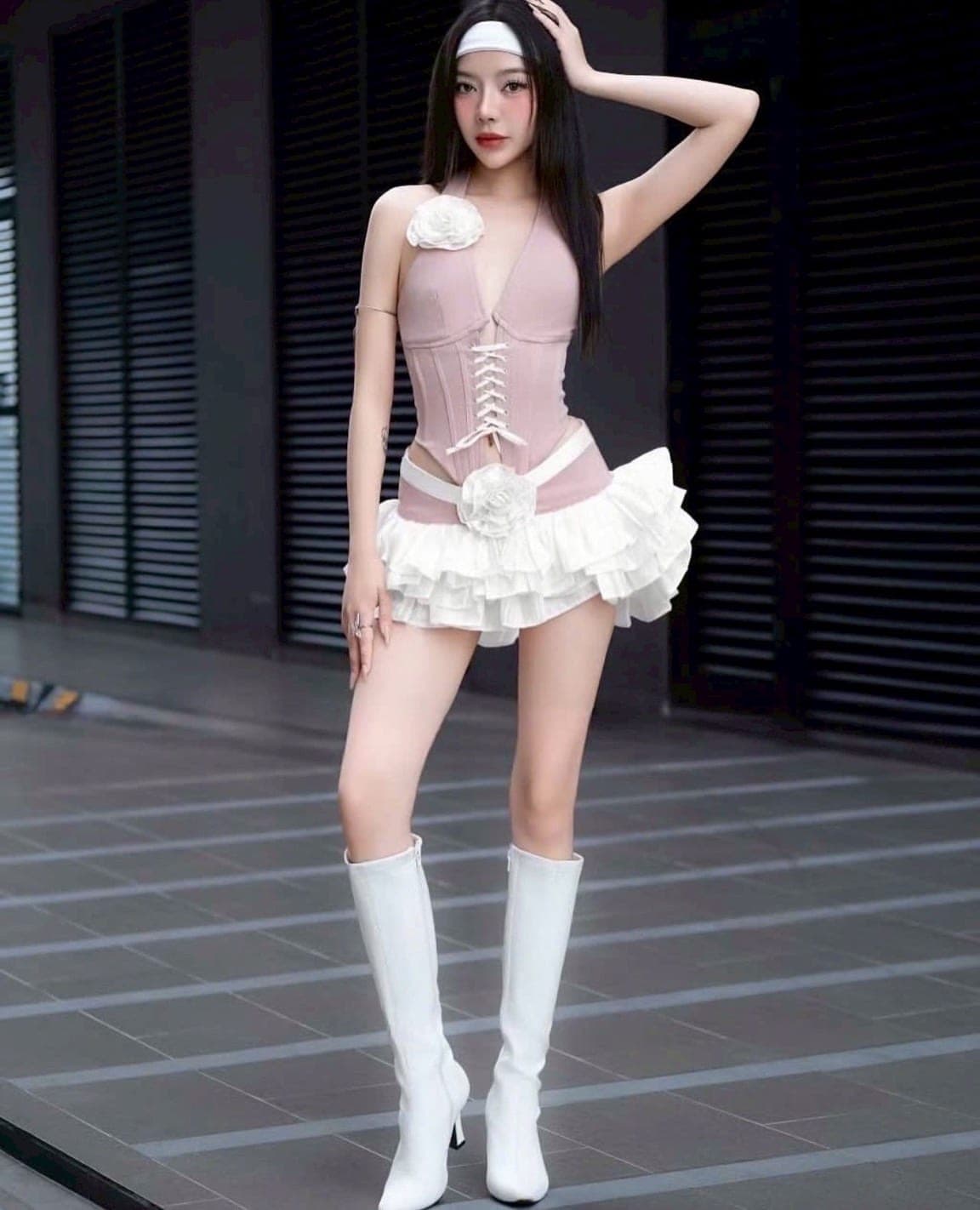 ชุดเซ็ท เสื้อ+กระโปรง แต่งดอก สีชมพู 4019 Size S-M BKK รูปที่ 3