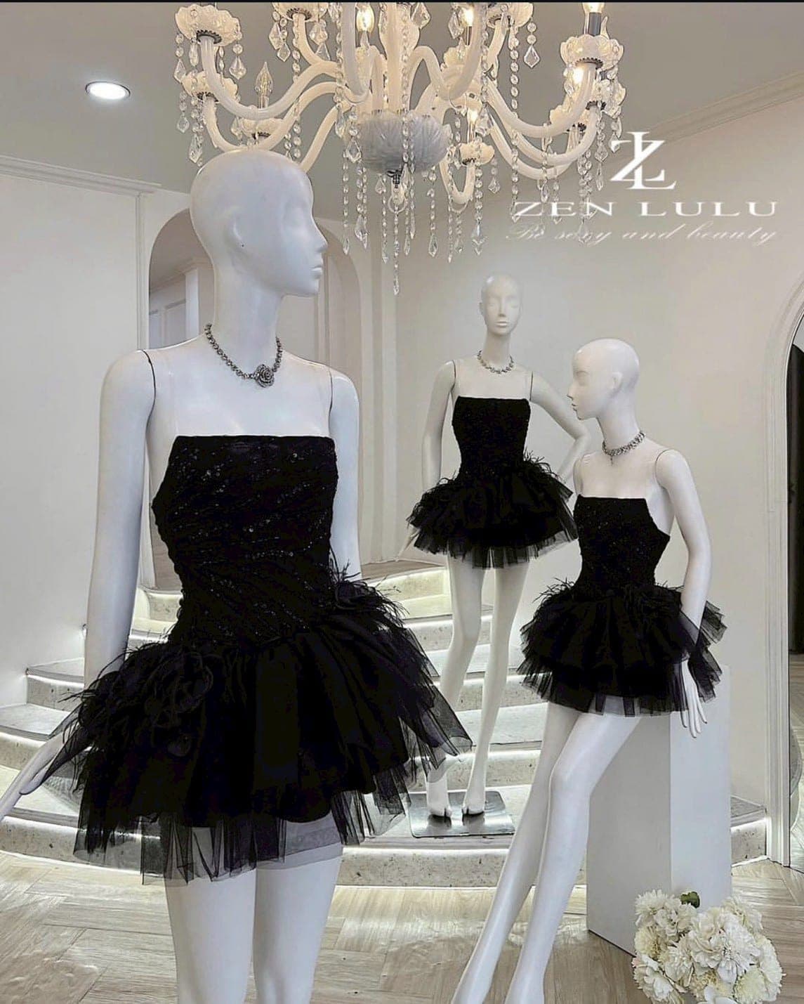 ชุดเดรส เกาะอก กระโปรงฟู แต่งขน สีดำ สีแดง สีชมพู  ZEN LULU เวียดนาม 2200 SIZE S-M BKK รูปที่ 3