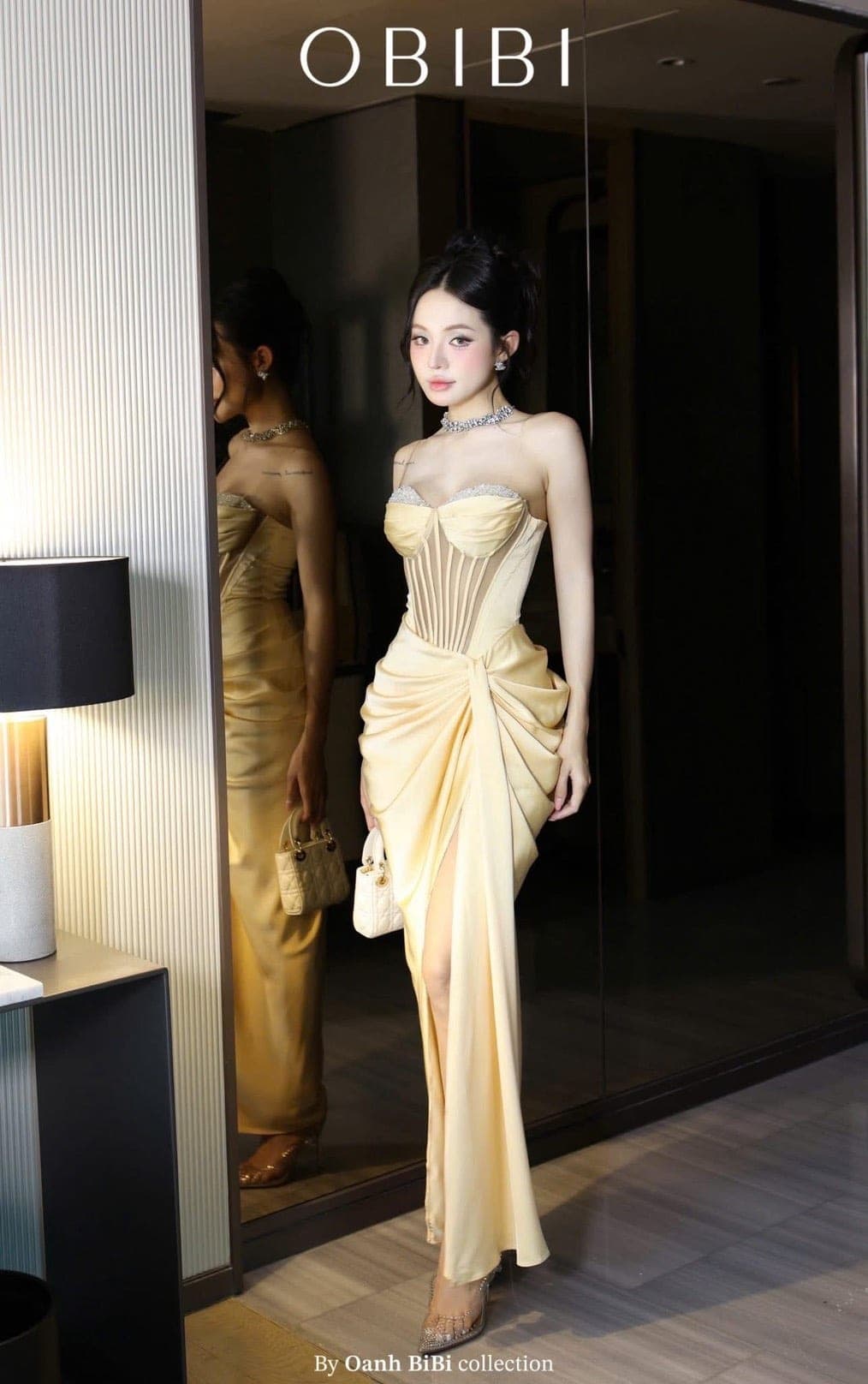 ชุดเดรส ราตรียาว เกาะอก เพรช สีขาว สีทอง สีฟ้า สีแดงไวน์ BRAND OBIBI 3084 Size S-M BKK รูปที่ 8