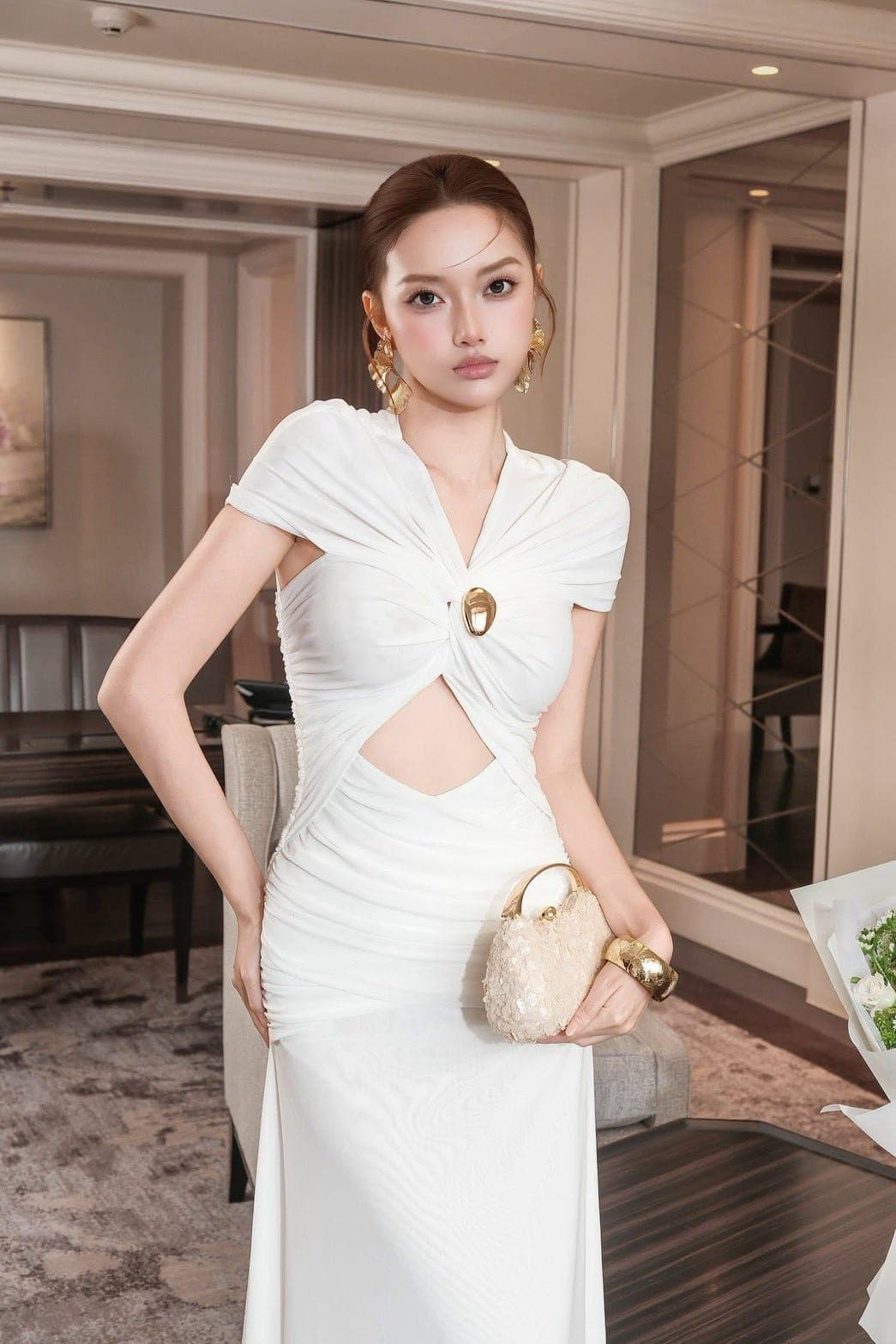 ชุดเดรส ราตรียาว คอวี ผ้าจับจีบ คลุมไหล่ สีขาว BRAND OBIBI 2271 BKK SIZE M รูปที่ 5
