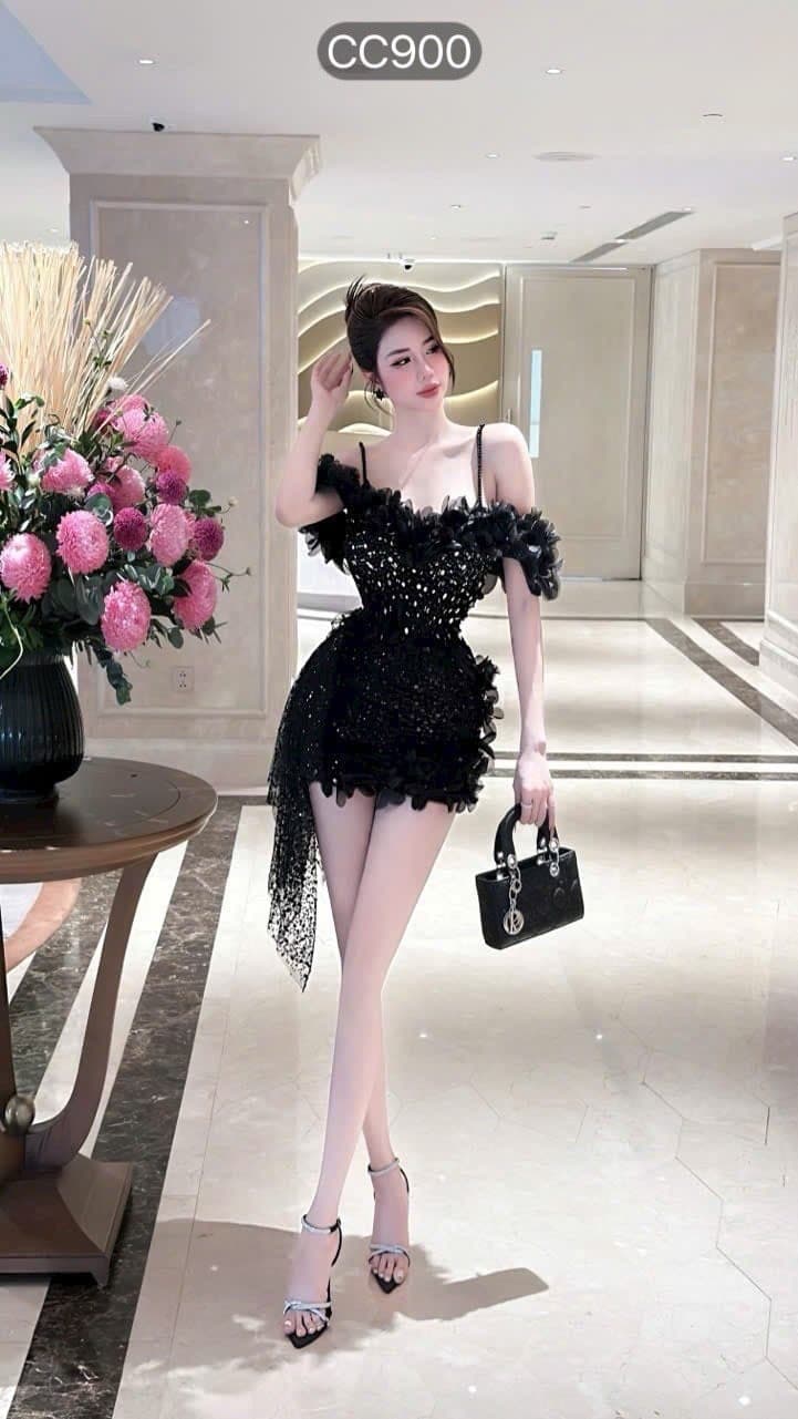 ชุดเดรส สายเดี่ยว ปาดไหล่ แต่งมุก+ดอก สีดำ 2071 Size M รูปที่ 3