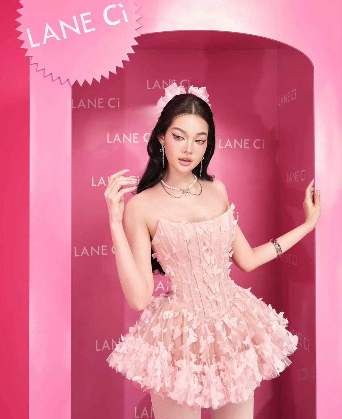 ชุดเดรส เกาะอก ผีเสื้อ สีชมพู BRAND LANE CI 2178 Size S-M BKK รูปที่ 2
