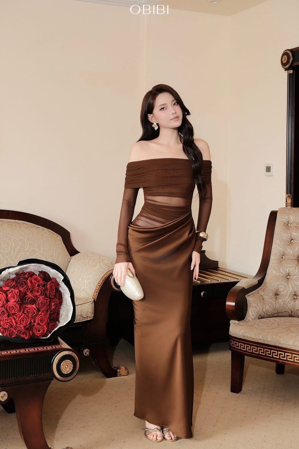 ชุดเดรส ราตรียาว ปาดไหล่ สีฟ้า สีน้ำตาล BRAND OBIBI 3079 Size S-M BKK รูปที่ 8