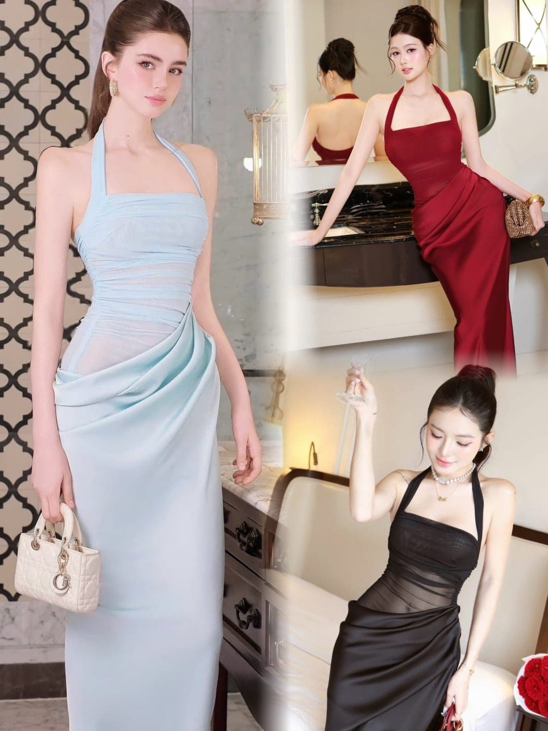ชุดเดรสยาว ราตรี คล้องคอ เสื้อซีทรู-กระโปรงผ้าซาติน สีแดง,สีฟ้า BRAND OBIBI 2354 BKK SIZE S