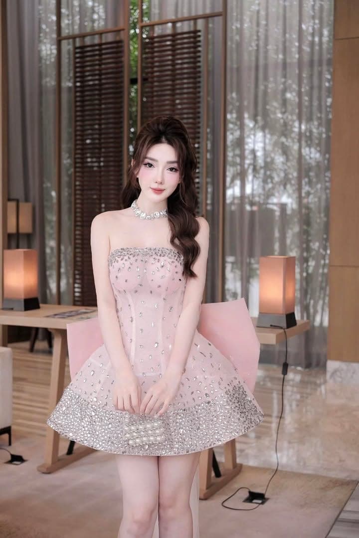 ชุดเดรส เกาะอก แต่งเพชรกลิตเตอร์+โบว์ สีชมพู 2034 Size S BKK รูปที่ 4