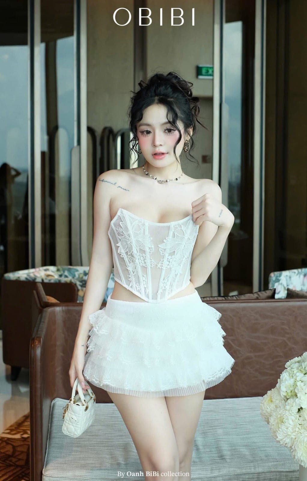 ชุดเซ็ท เสื้อ กระโปรง ลูกไม้ สีขาว BRAND OBIBI  4034 Size M BKK รูปที่ 6