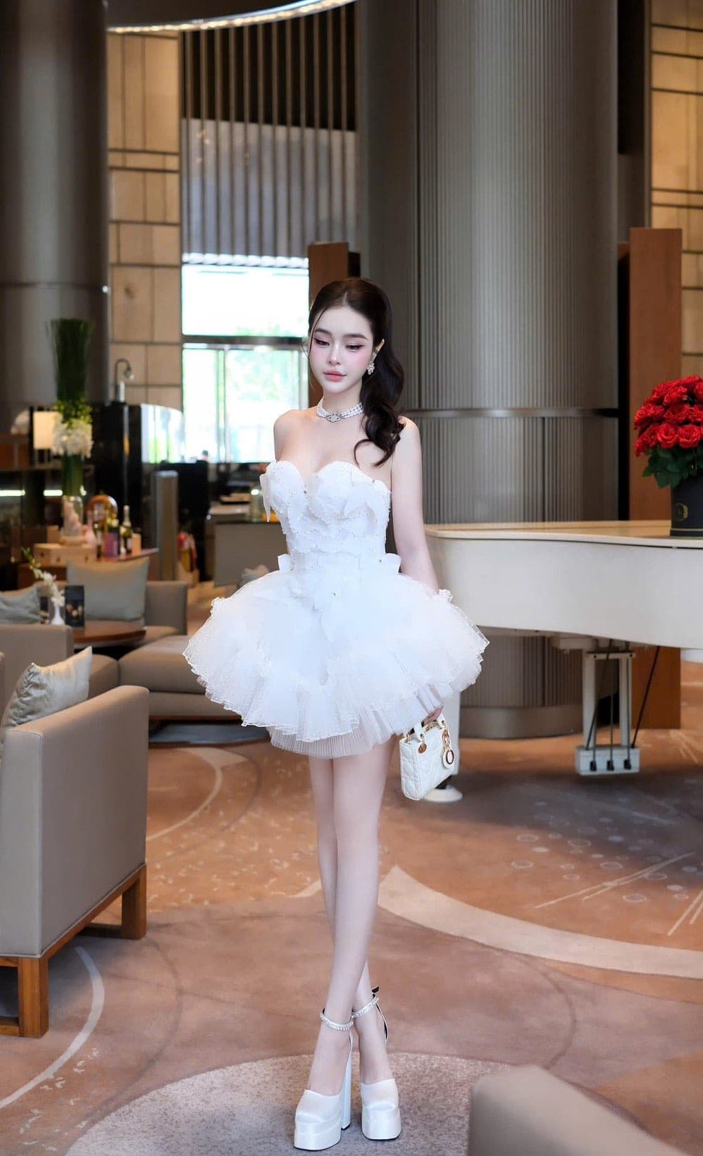 ชุดเดรส เกาะอก แต่งโบว์ สีขาว Brand HiSo 2224 Size S BKK รูปที่ 4