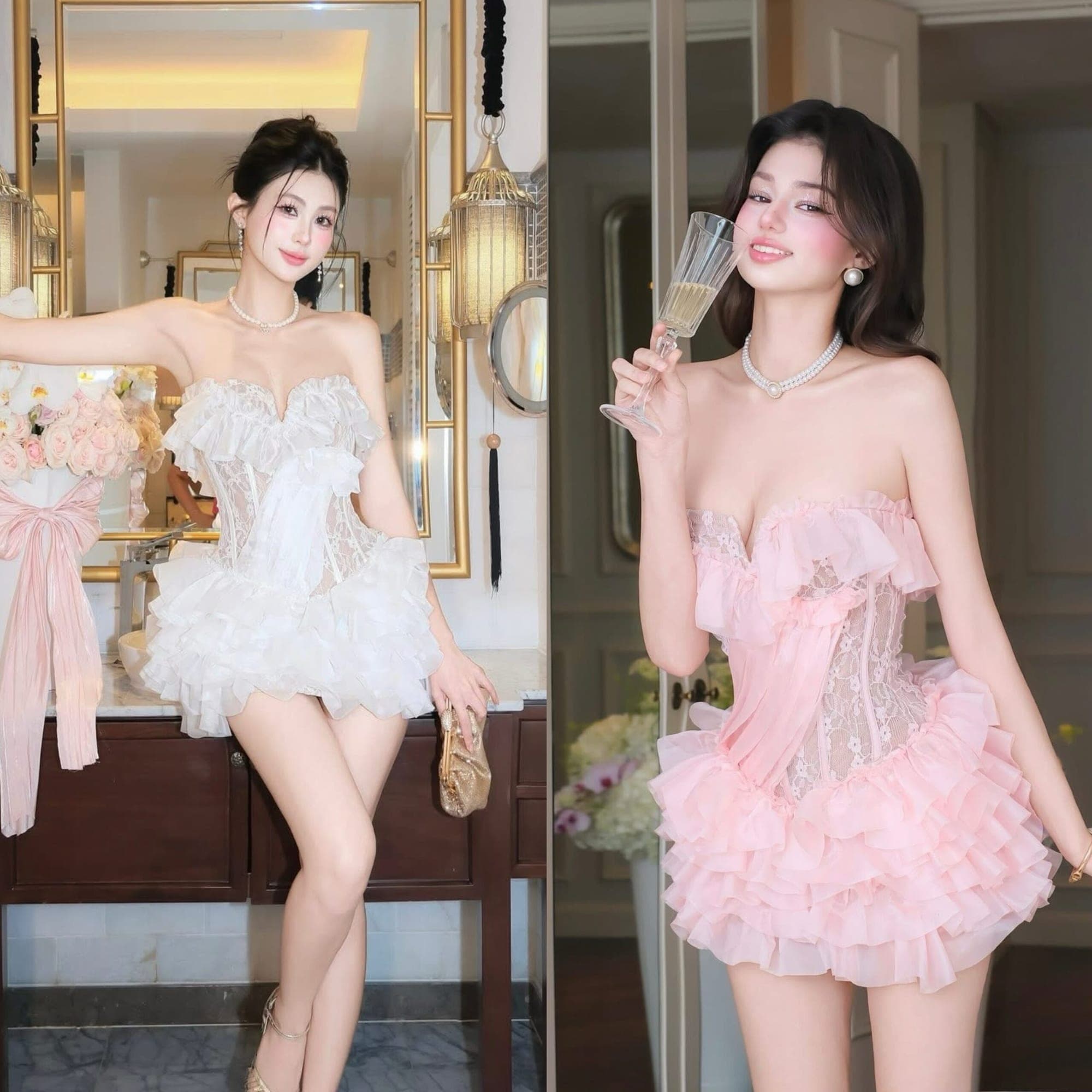 ชุดเดรส เกาะอก แต่งระบาย ลูกไม้ สีขาว สีชมพู BRAND THAOBIBI 2215 Size M BKK รูปที่ 1