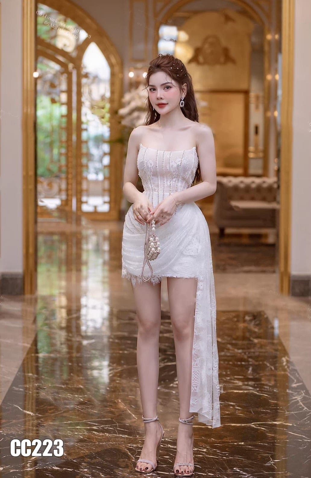 ชุดเดรส เกาะอก แต่งเพชร สีขาว 2124 Size S BKK รูปที่ 3