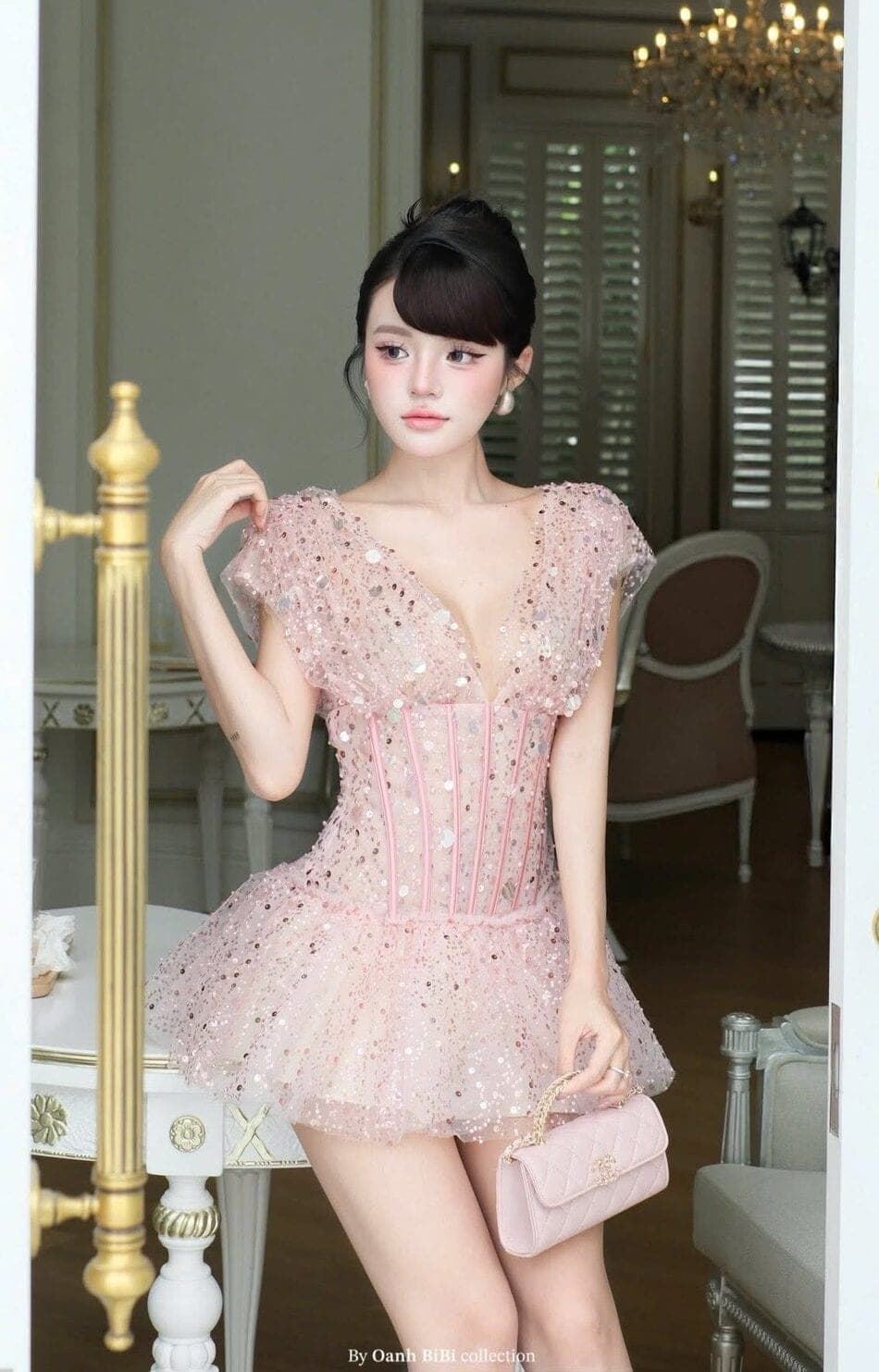 ชุดเดรส แต่งกลิตเตอร์ สีชมพู BRAND OBIBI 2235 Size M รูปที่ 1