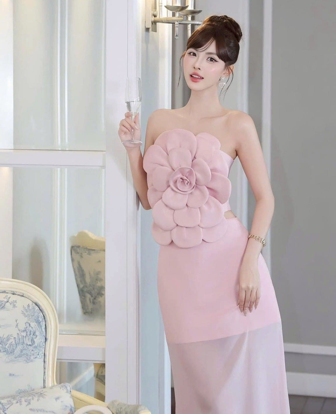 ชุดเซ็ท 2 ชิ้น เกาะอก สีชมพู ดอกกุหลาบ TRANALI 4021 SIZE S-M BKK รูปที่ 2