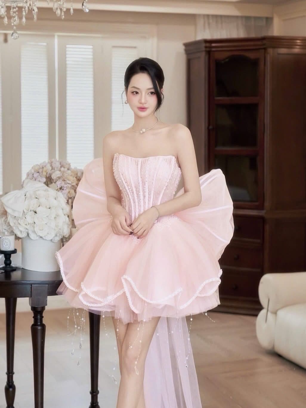 ชุดเดรส เกาะอก แต่งมุก+โบว์ สีชมพู BRAND HISO 2371 BKK Size M