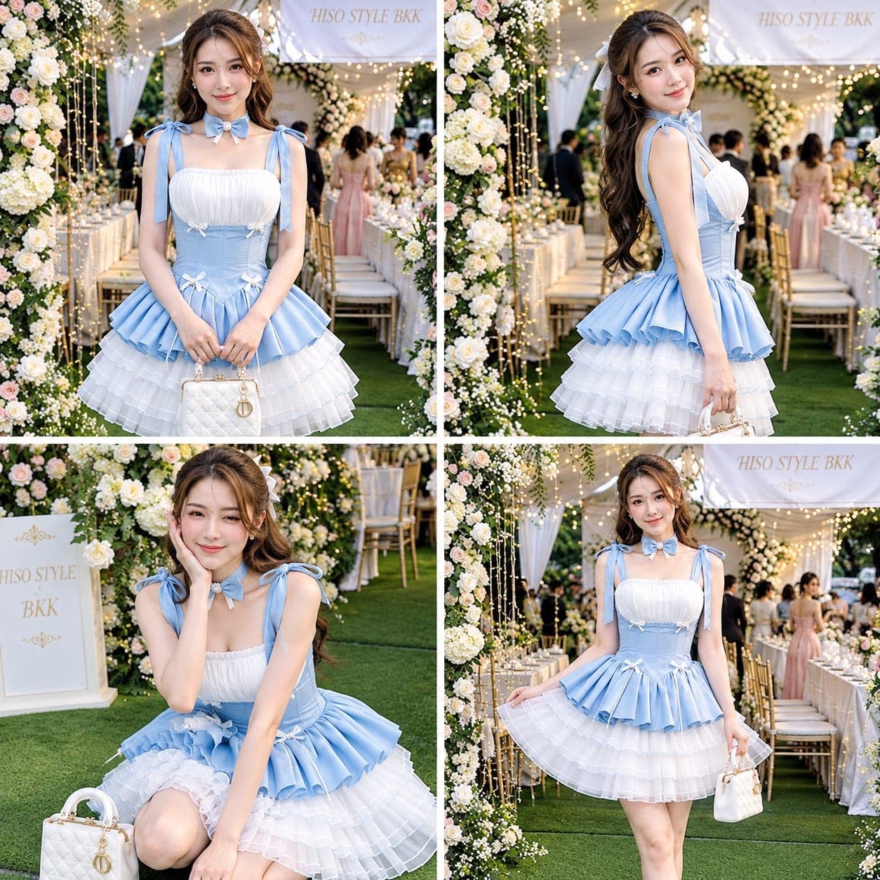 ชุดเดรส สายเดี๋ยว แต่งโบว์ สีฟ้า 2348 SIZE S-M รูปที่ 3