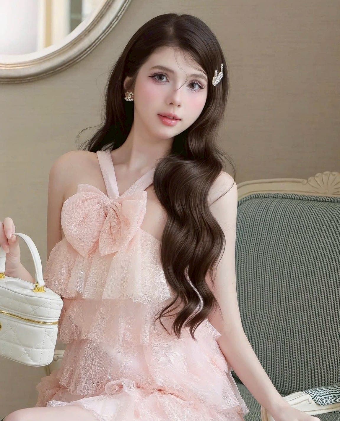 ชุดเดรส แต่งโบว์ สีชมพู TRANALI 2208 SIZE S-M BKK รูปที่ 5