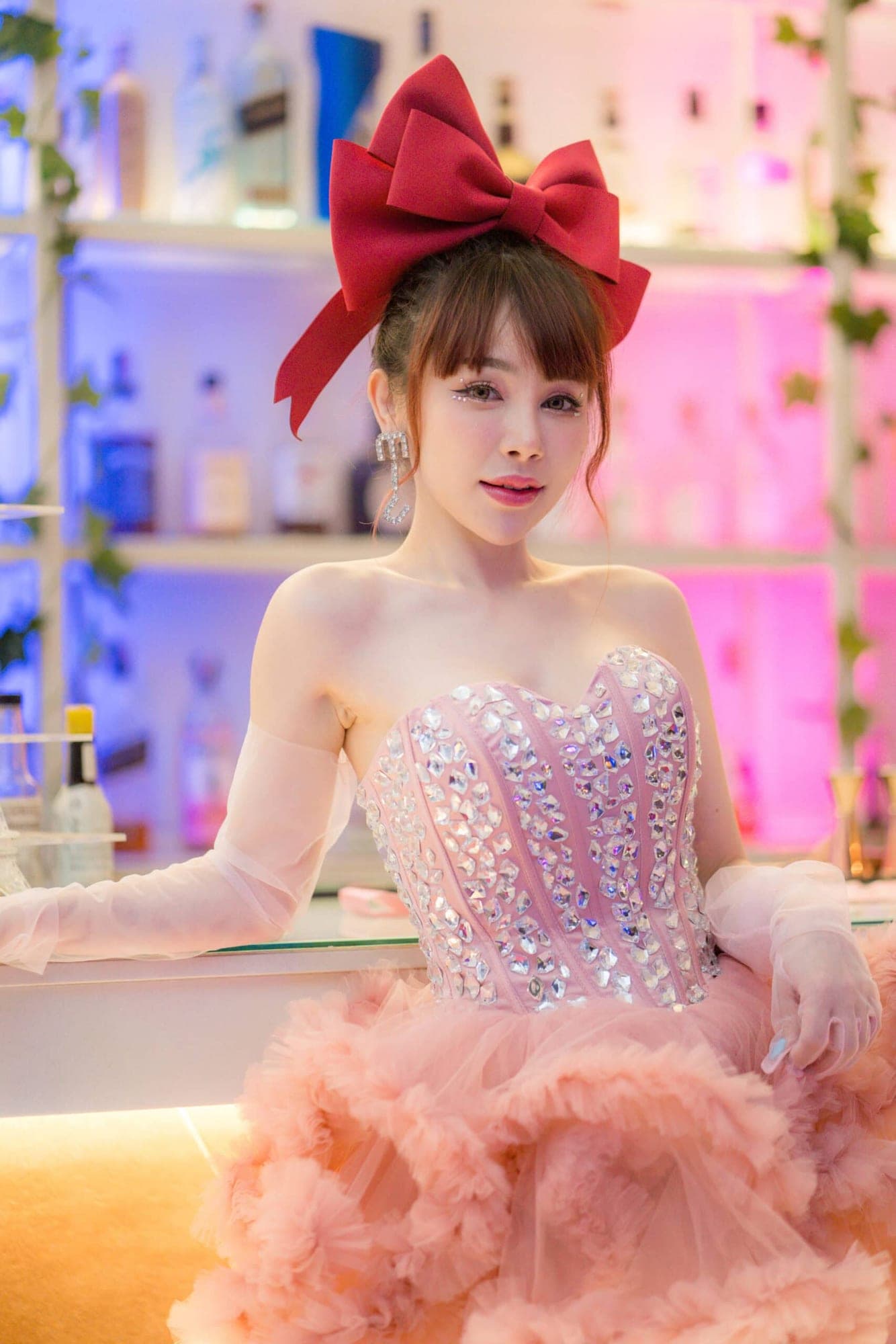 ชุดเดรส ฟูฟอง แต่งเพชร สีชมพู แบรนด์แท้ นำเข้า 2174 Size S-M BKK รูปที่ 1