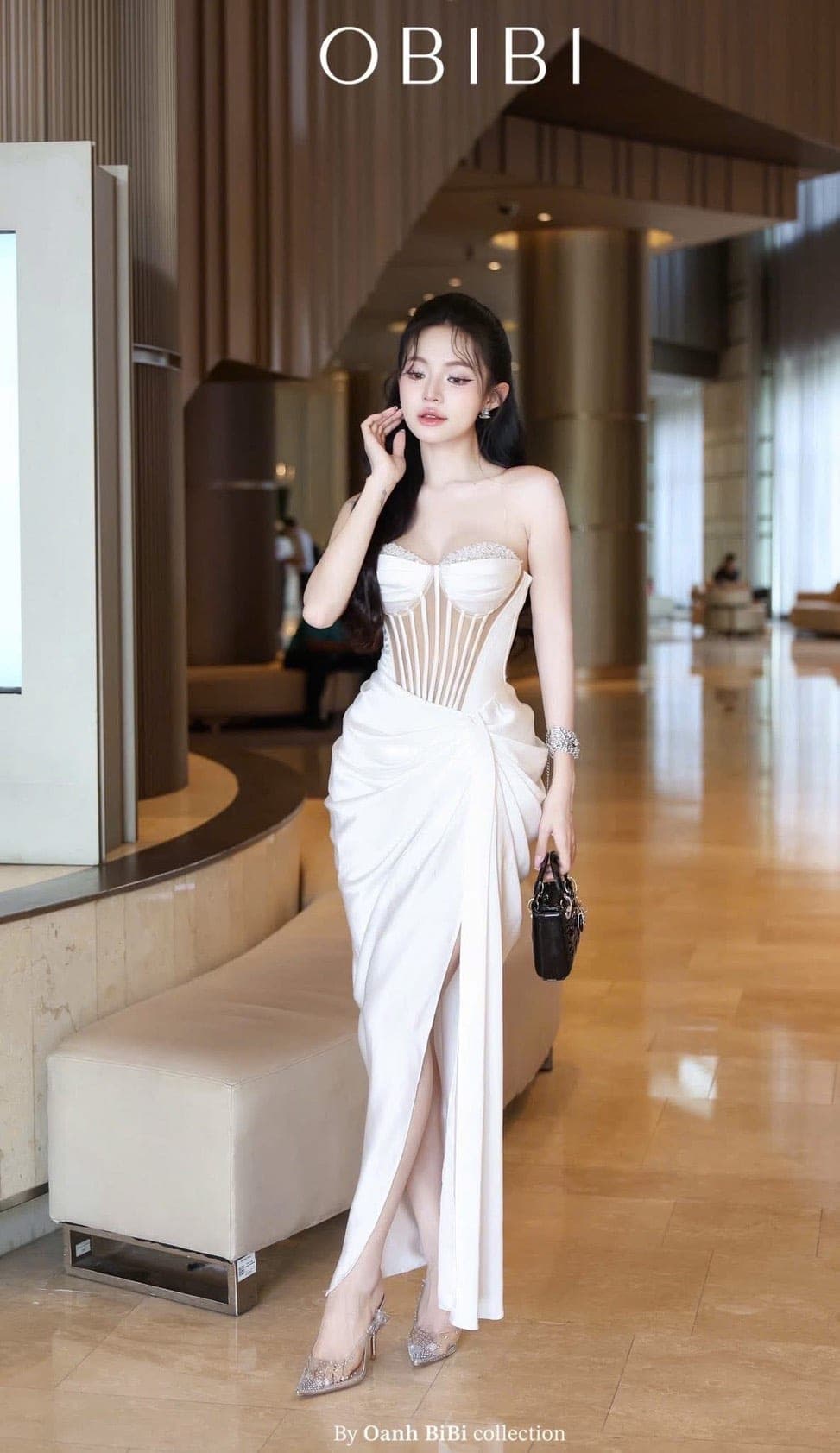 ชุดเดรส ราตรียาว เกาะอก เพรช สีขาว สีทอง สีฟ้า สีแดงไวน์ BRAND OBIBI 3084 Size S-M BKK รูปที่ 6