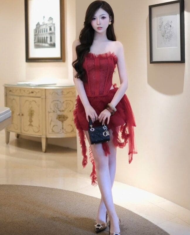 ชุดเซ็ท 2 ชิ้น เสื้อ+กระโปรง แต่งระบาย สีแดง BRAND WABISABI 4013 Size S-M BKK รูปที่ 5