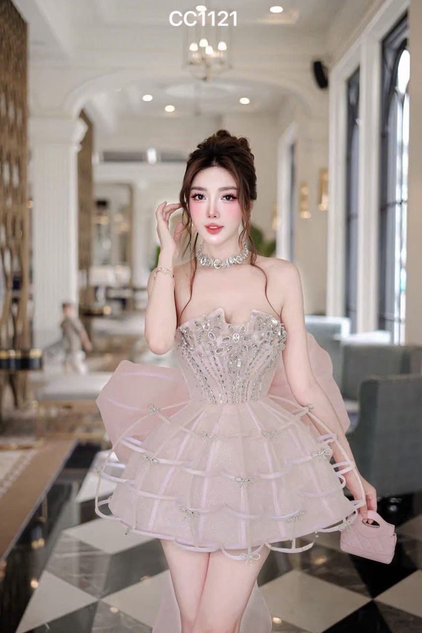 ชุดเดรส เกาะอก แต่งเพชร+โบว์ สีชมพู 2050 Size L BKK รูปที่ 2
