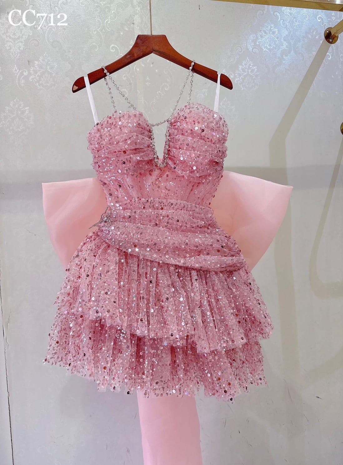 ชุดเดรส เกาะอก แต่งกลิตเตอร์+โบว์ สีชมพู 2051 Size S BKK รูปที่ 6